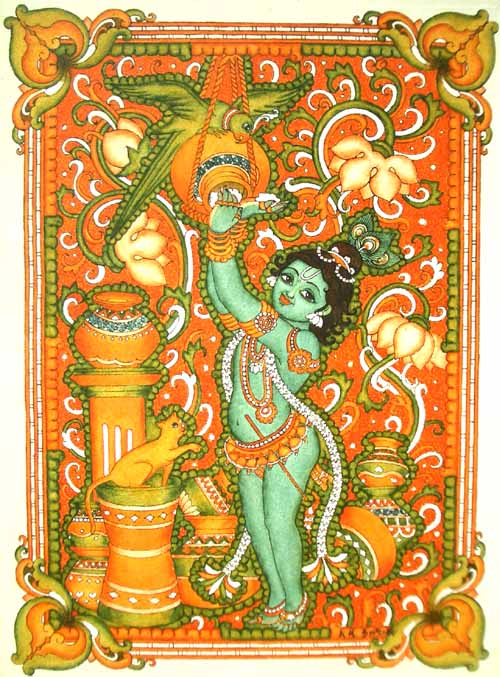 Kerala Mural Painting Krishna Playing the Flute Traditional  Etsy