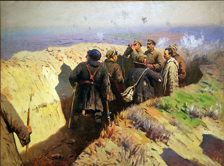 File:Mitrophan Grekov 33 - Stalin, Voroshilov and Shchadenko in 
