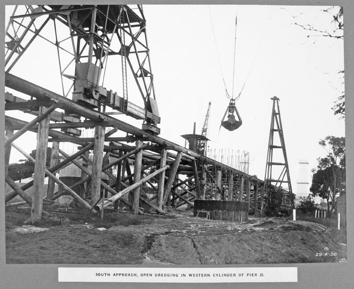 File:Queensland State Archives 3655 South approach open dredging in western cylinder of pier 25 Brisbane 29 April 1936.png