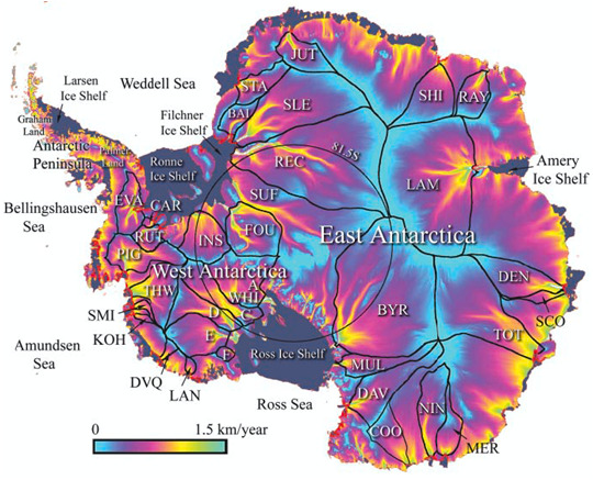 Map of measured glacier surface velocities (m a −1 ) and location of
