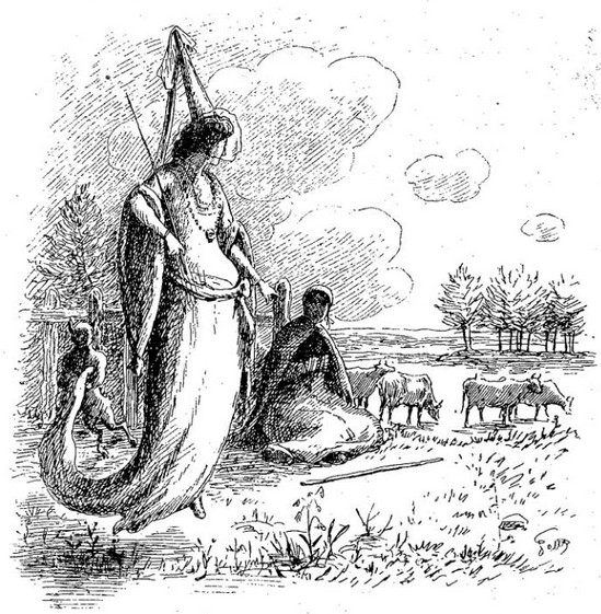 Woman carrying a pointed hat and a wand speaking to a shepherd