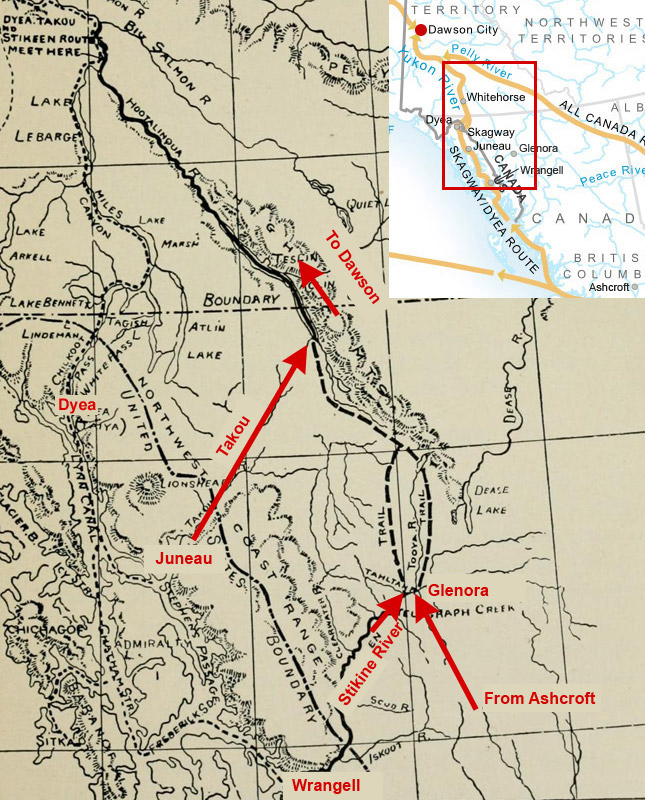Takou and Stikine route. Red frame: Position of map on map of northern America. Lower right: Stikine route branch from Wrangell meets with branch from Ashcroft at Glenora. They continue along dashed lines. Middle: Takou route meets Stikine route at Teslin Lake. Both routes meet Dyea/Skagway route (dotted line) at upper left