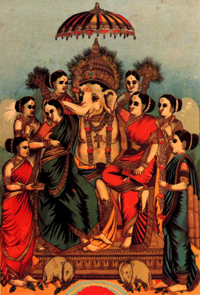 Ganesha with the Ashta (8) Siddhi. The Ashtasiddhi are associated with Ganesha. – painting  by Raja Ravi Varma (1848–1906)