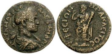 Munt uit Efeze van ca. 222-235 n.Chr. 22mm. De muntzijde laat Heraclitus (ΕΡΑΚΛΕΙΤΟϹ) zien met een knots in zijn hand. De kopzijde laat Severus Alexander zien.