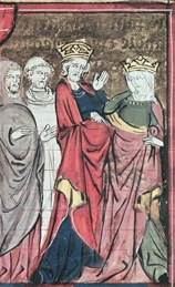 Two monks watch a bearded elderly man and a woman, each wearing a crown