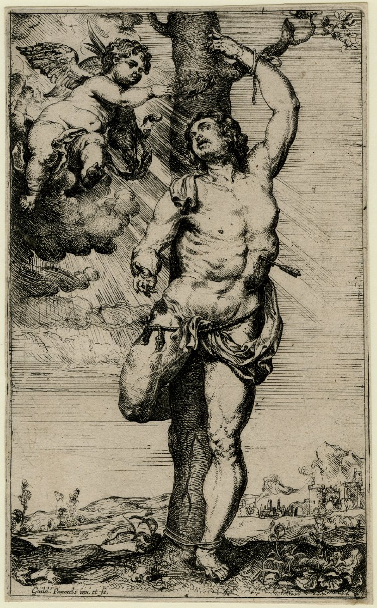 ''St Sebastian with a putto crowning him with a laurel wreath'', Panneels after Rubens, etching, c.1631