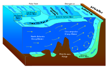 In the photo there is: North Atlantic Deep Water moving——to the right towards the Antarctica land mass while Antarctic Bottom Water moves from the Antarctica land mass downwards towards the ocean floor and——to the 