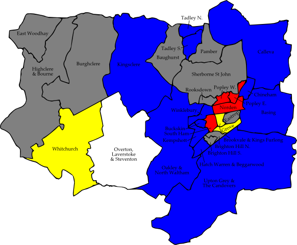 Map of the results of the 2007 Basingstoke and Deane council election. Conservatives in blue, Labour in red, Liberal Democrats in yellow and independent in white. Wards in grey were not contested in 2007.
