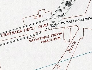 San Salvatore ad Tres Images (benämnd SALVATORIS TRIVM YMAGINVM) på Rodolfo Lancianis Rom-karta från 1893–1901.