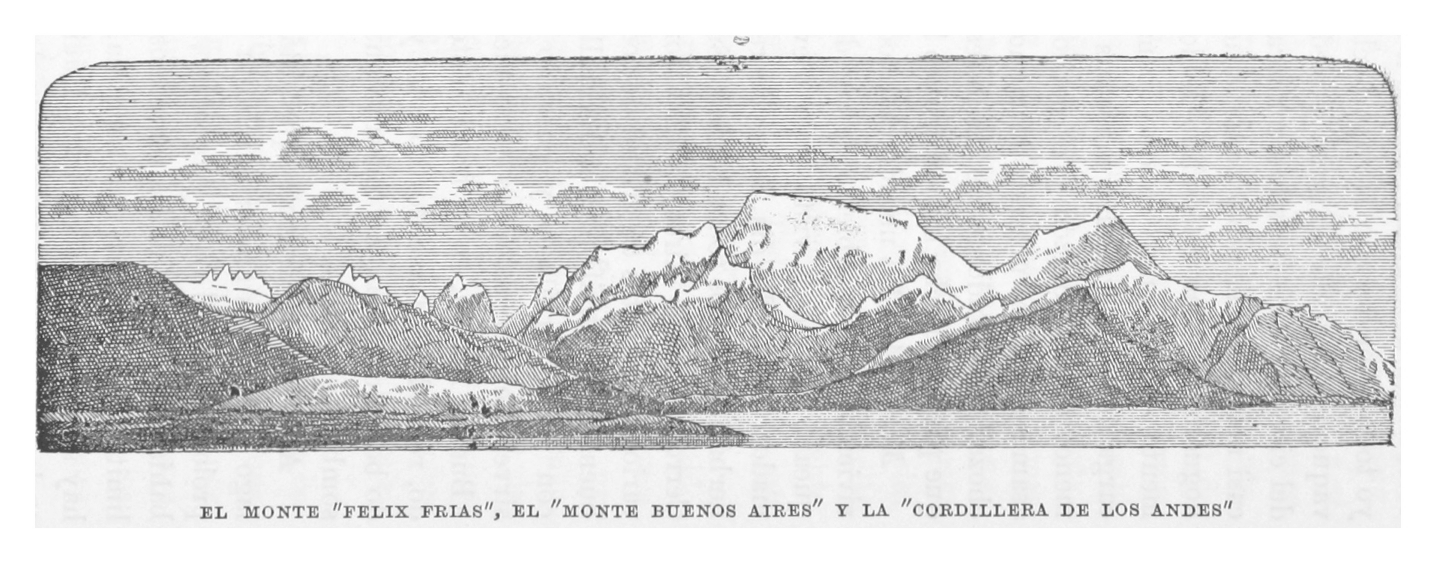 Dibujo del libro ''Viaje á la Patagonia austral emprendido bajo los auspicios del Gobierno Nacional 1876-1877'' de Fransciso P. Moreno con el cerro Félix Frías.