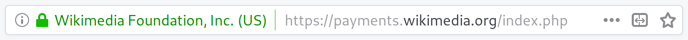 Firefox's address bar when visiting the Wikimedia Foundation's credit card payment page, which uses an Extended Validation Certificate