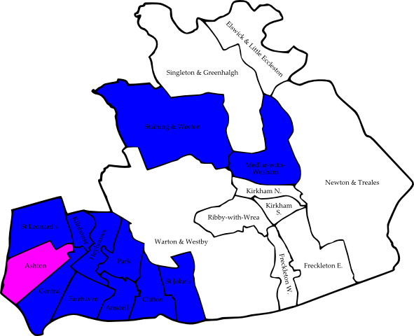 Map showing wards coloured by party which came top in each seat.