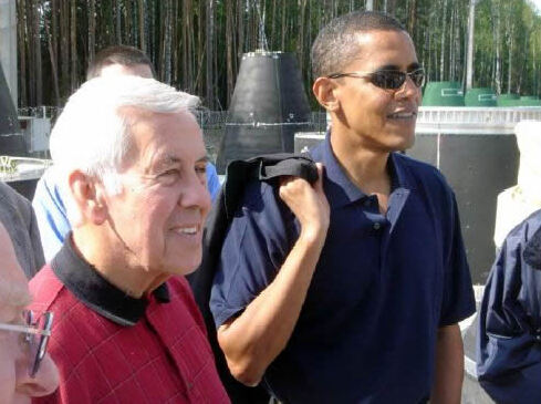 Richard Lugar with then-Senator Barack Obama in August 2005 near Perm, Russia Credit: Senate Office of Richard Lugar [Public domain]