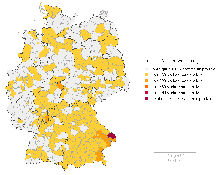 Distribution of the surname Putz over Germany