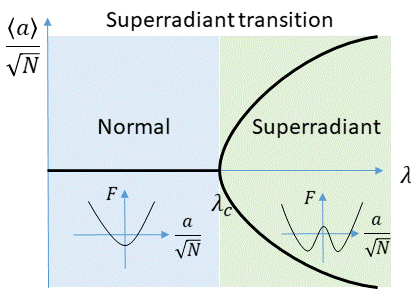 Gràfic esquemàtic del paràmetre d'ordre de la transició de Dicke, que és zero en la fase normal i finit en la fase superradiant. El requadre mostra l'energia lliure en les fases normal i superradiant, (vegeu l'equació 5)