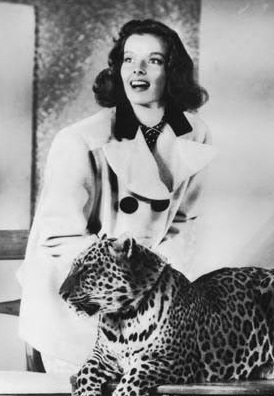 Katharine Hepburn and Nissa in a publicity photo; at one point, Nissa lunged at Hepburn and was only stopped by the trainer's whip.
