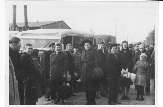 File:Caption- October 29, 1947. Hans Wiens, Roswita Hildebrandt (the bride of a Canadian Mennonite soldier) and Helena Peters are among the Mennonites about to board the bus at Buchholz, for Diepholz. (5615921599).jpg