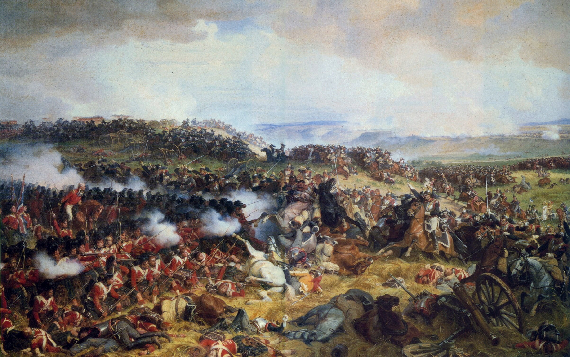 "The Battle of Waterloo: The British Squares Receiving the Charge of the French Cuirassiers," by Henri Félix Emmanuel Philippoteaux (1815–1884). Public domain, via Wikimedia Commons.