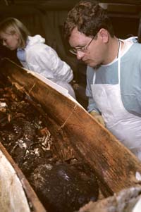 Smithsonian forensic anthropologists Douglas Owsley and Kari Bruwelheide examine the burial and remains of Anne Wolseley Calvert Douglas Owsley and Calvert remains.jpg