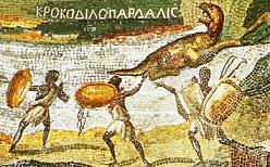 Humans hunting the "krokodilopardalis" in the Nile mosaic of Palestrina (1st century BCE) NileMosaicOfPalestrina2.JPG