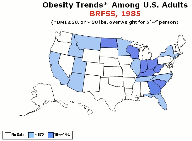 Obesity rates in the U.S. by state (1985–2010)