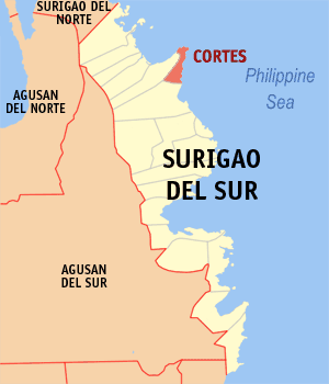 Mapa han Surigao del Sur nga nagpapakita kon hain nahamutang an Cortes