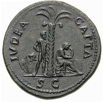 A Roman coin inscribed Ivdaea Capta, or "captive Judea" (71 CE), representing Judea as a seated mourning woman (right), and a Jewish captive with hands tied (left)