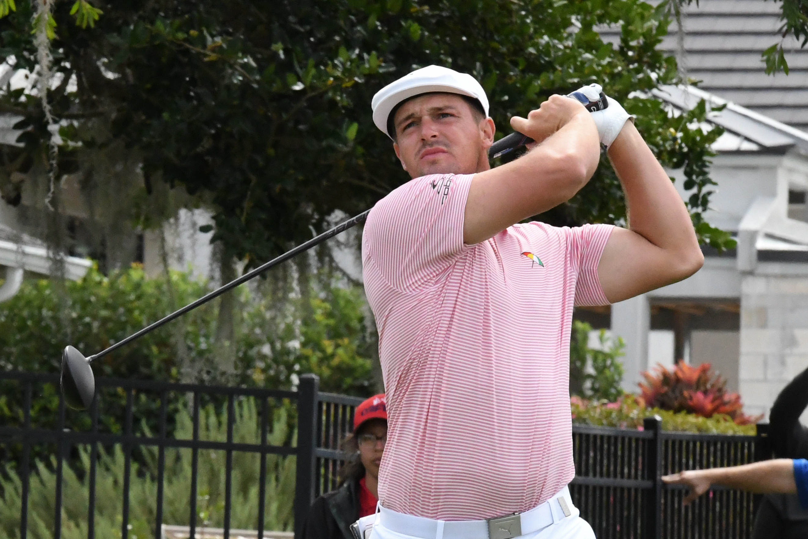 Bryson DeChambeau tries to drive green at Bay Hill's par-5 No. 6