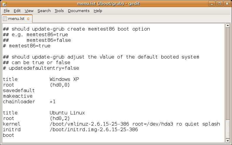 A configuration file for GNU GRUB being edited. Comments (the lines beginning with a '#') are used both as documentation and as a way to "disable" the setting.