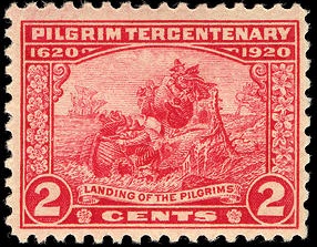 Two-cent stamp for the tercentenary, depicting the landing of the Pilgrims