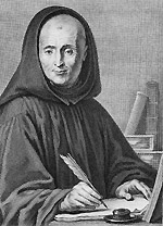 Sur une gravure d'Alexis Loir, Jean Mabillon est représenté en habit bénédictin, capuche relevée, en train d'écrire.