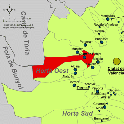 File:Localització de Quart de Poblet respecte de l'Horta Oest.png