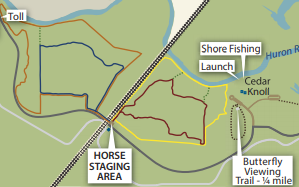 Map of equestrian trails within Oakwoods Metropark. Oakwoods Metropark Horse Trails.png