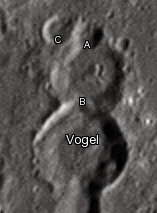 Vogel crater and its satellite craters taken from Earth in 2012 at the University of Hertfordshire's Bayfordbury Observatory with the telescopes Meade LX200 14" and Lumenera Skynyx 2-1 Vogel lunar crater map.jpg