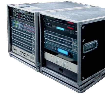 Rackmounted effects in road cases. These road cases have the front protective panels removed so the units can be operated. The protective panels are put back on and latched shut to protect the effects during transportation.