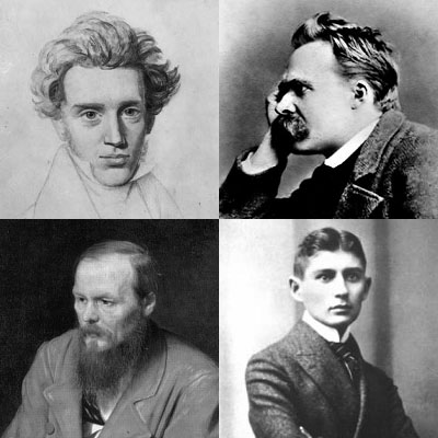 Existentialism is an important school in the continental philosophical tradition. Four key existentialists pictured from top-left clockwise: Kierkegaard, Nietzsche, Kafka, Dostoevsky.[27]