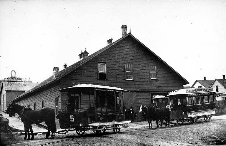 File:Horse-drawn cars of the Seattle Street Railway Co pose in front of the barns at 2nd Ave and Pike St, ca 1885 (WARNER 606).jpeg