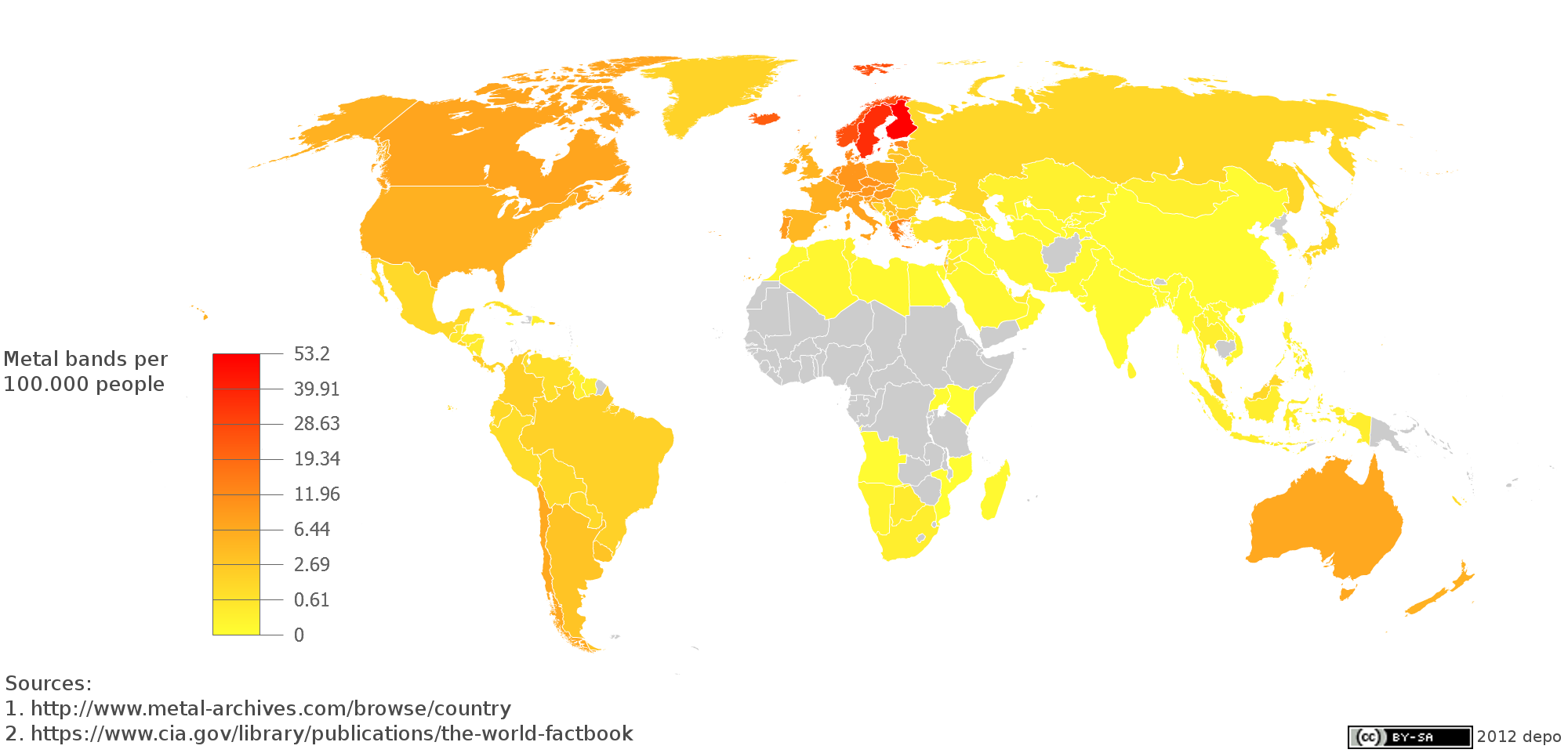 Number of metal bands on Encyclopaedia Metallum by country [6460x3230] :  r/MapPorn