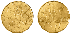 Tschechische 20-Kronen-Münze, mit gerundeten Kanten (1997) links Vorderseite mit dem Böhmischen Löwen, rechts Rückseite mit der Wenzelsstatue am Wenzelsplatz.