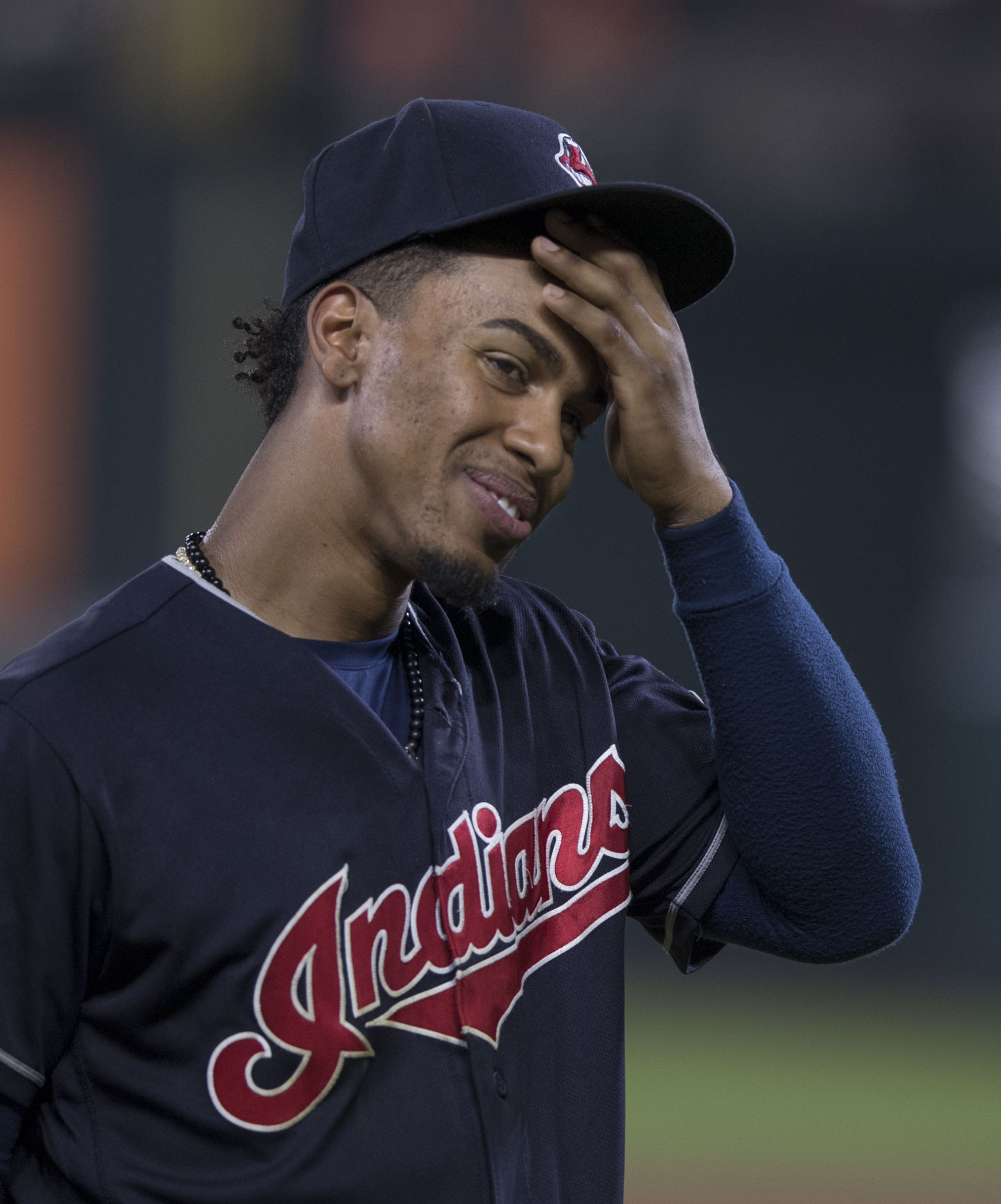 Cleveland Indians Francisco Lindor waves the Puerto Rico flag prior to the  Indians' two-game seri…