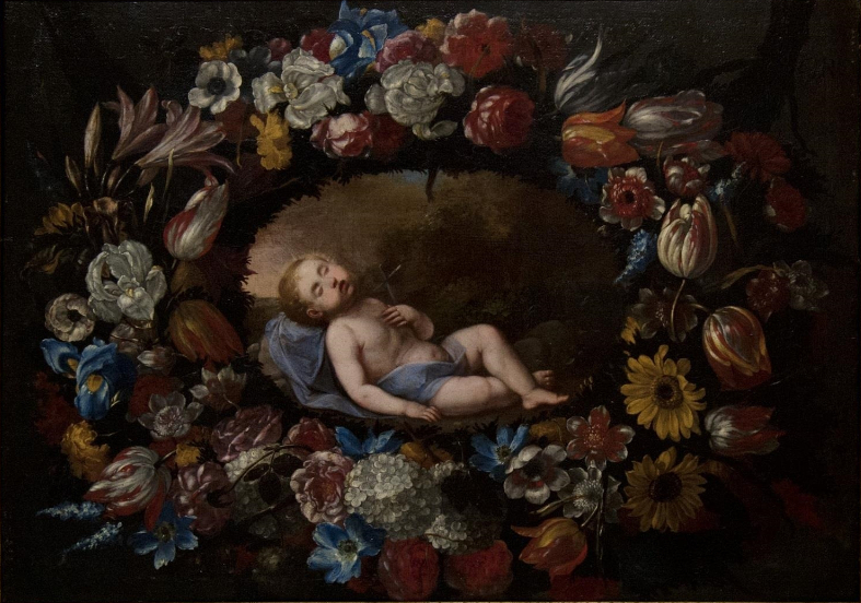 File:Giuseppe Recco, Nicola Vaccaro - The child Jesus sleeping inside a garland of flowers.jpeg