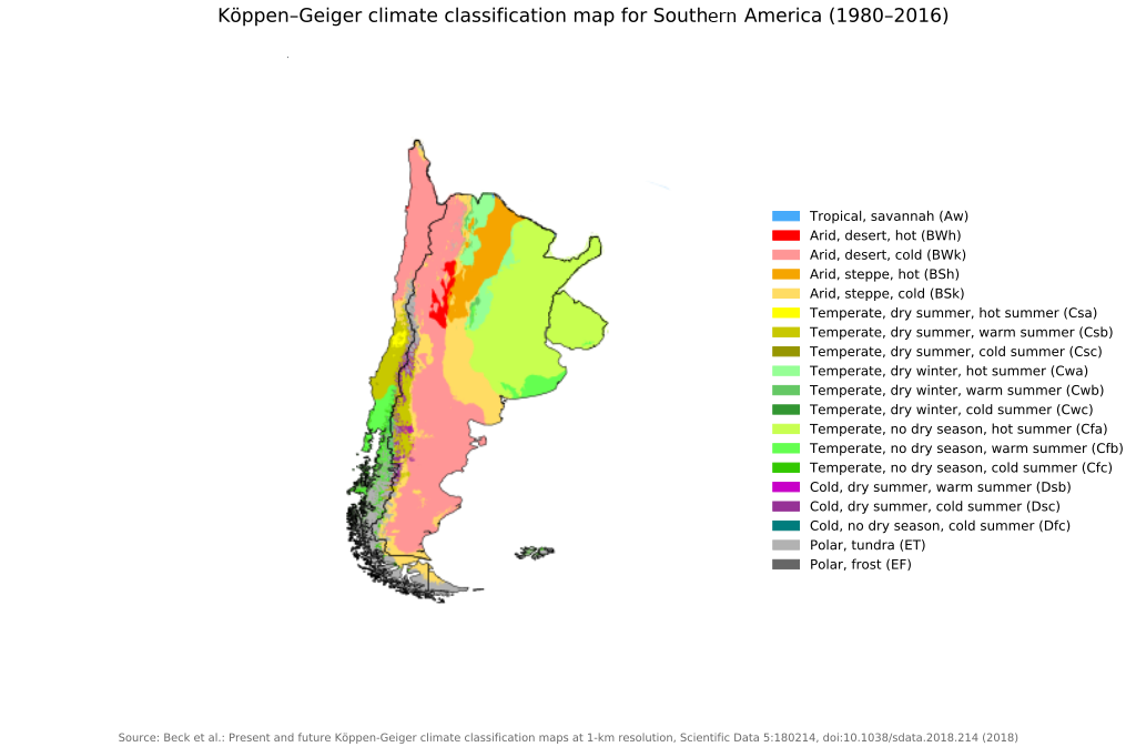 Köppen Climate Zone Classification map of Uruguay, Argentina, Chile and Falkland Islands