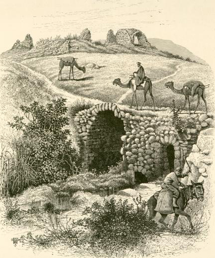 Camels at the Khan and old bridge, Lajjun, Palestine (now in Israel) - 1870s drawing