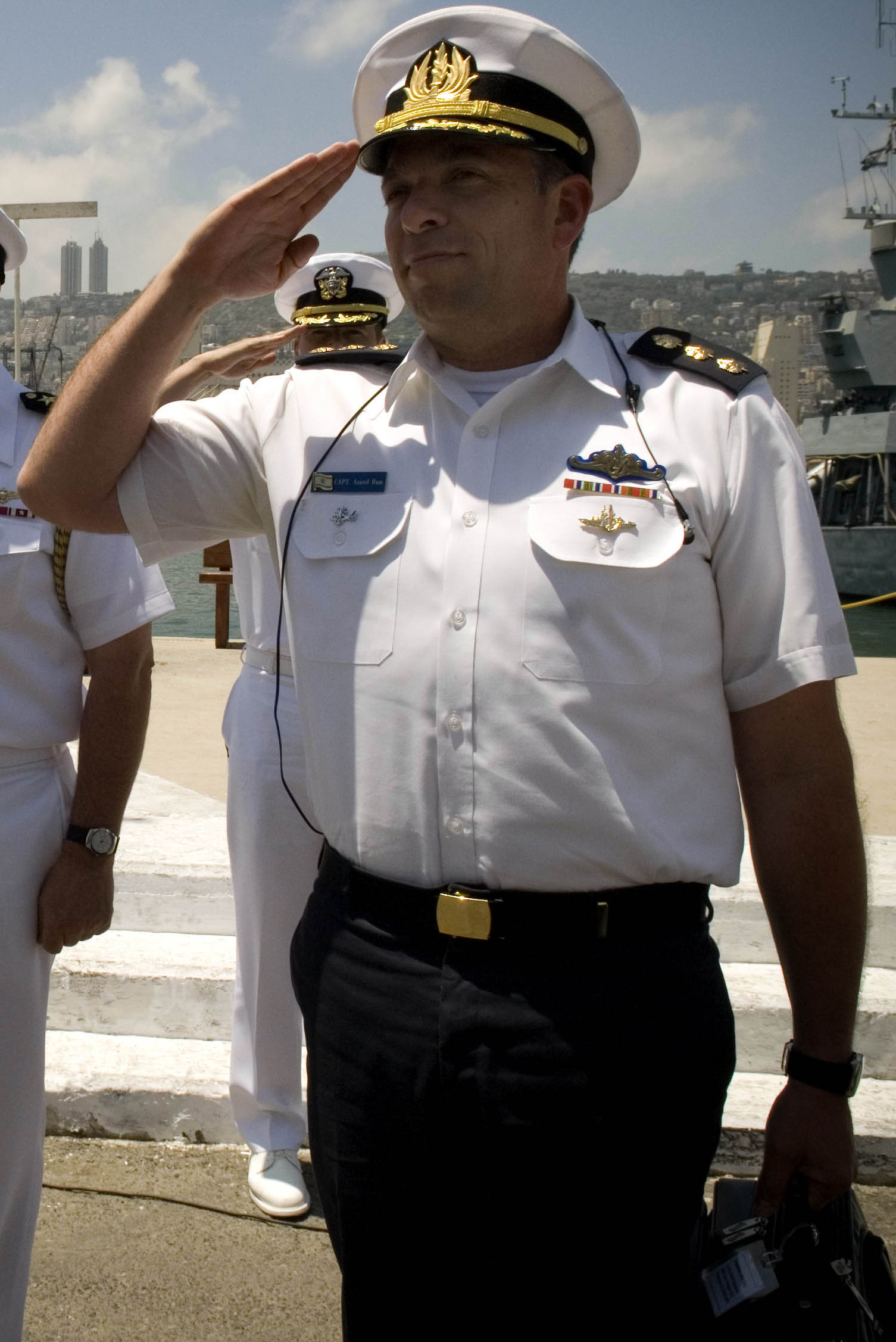 US Navy 080621-N-8273J-115 Capt. Bill Moran, left, and Israeli Navy Capt. Azarel Ram render honors during an honors ceremony for Chief of Naval Operations (CNO) Adm. Gary Roughead (cropped1).jpg