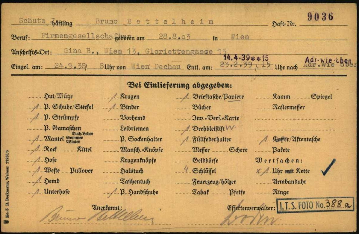 Effektenkarte von Bruno Bettelheim als Gefangener im Konzentrationslager Buchenwald