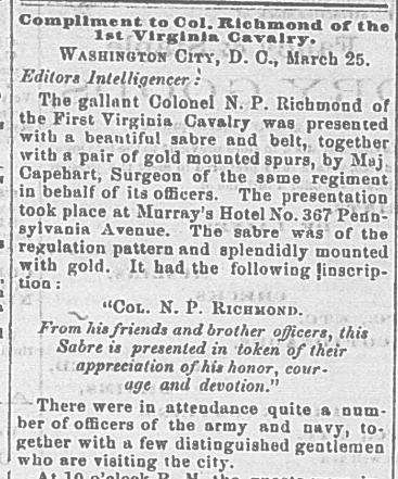 File:Col N P Richmond 1WVA Cav Wheeling Daily Intelligencer 4-4-1863 Page 1.png