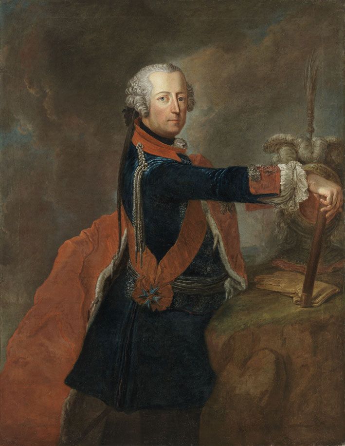 Frederic the Great (1712 - 1786), a portrait painting, circa 1780 Half  portrait in the style of the portraits by Anton Graff, 1781. The King is  wearing a plain blue uniform with