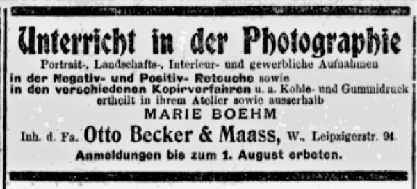 File:Advertisement of Becker & Maass in Berliner Tageblatt regarding photography lessons in July 1901.png