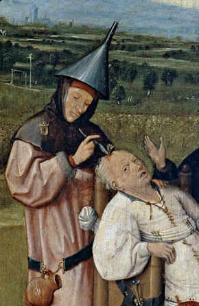 The painting Cutting the Stone depicts the extraction, by a man wearing a funnel hat, of the stone of madness