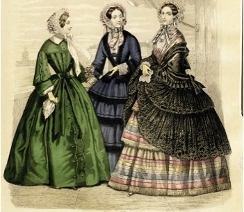 Necklines plunged further, needing a chemisette to be worn underneath. Sleeves widened at the elbow, while bodices ended at the natural waistline. Skirts widened and were further emphasised by the addition of flounces.